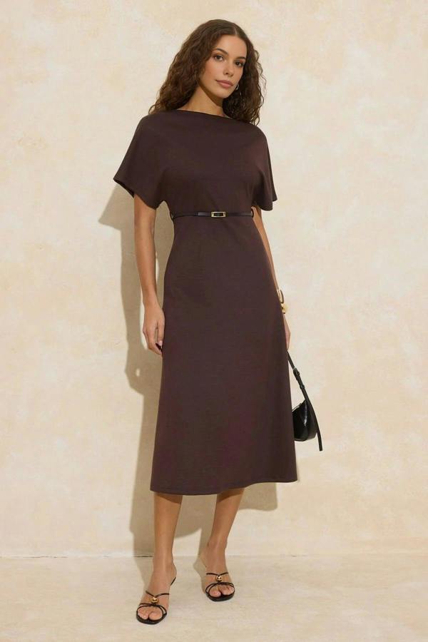 WOVCOR A-Line Boat Neck Short Sleeved Belted Midi Knitted Dress