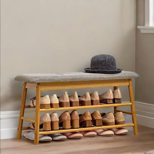 BMBO 2 Tier Shoe Bench Rack With Cushioned Seat Natural Brown
