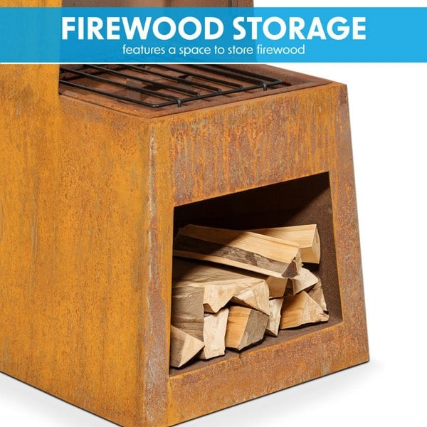 45x150cm CORTEN STEEL Chininea Wood Burner - Firewood Storage Garden Heater Rust - LoopsDirect