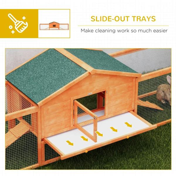 Orange wooden rabbit hutch showing slide-out trays, green roof panel, wire mesh