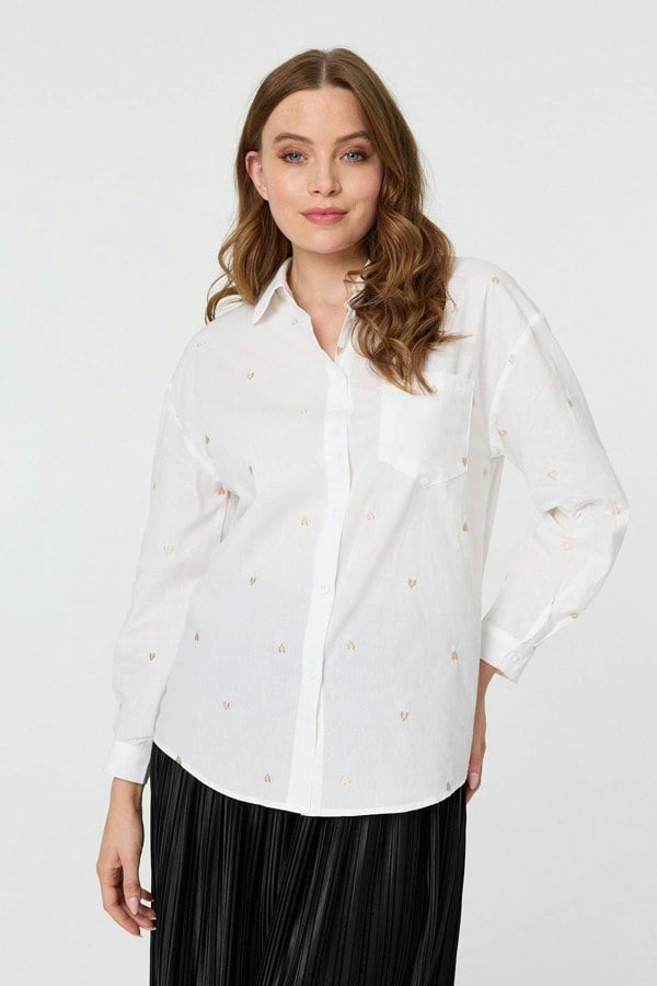 White | Heart Embroidered Long Sleeve Shirt
