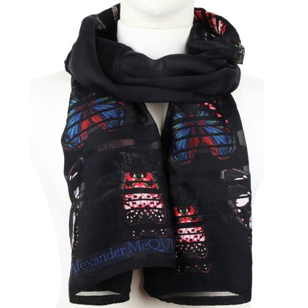 Alexander McQueen silk chiffon blend scarf A black satin and sheer chiffon stipe patterned scarf