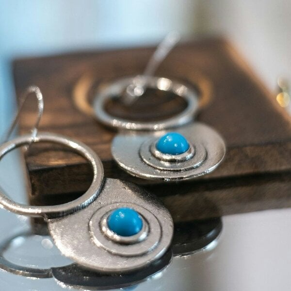 The Colourful Aura Retro Hollow Circle Ethnic Quirky Turquoise Stone Dangle Drop Statement Earring