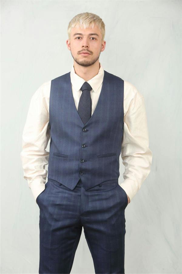 Infinity Leather Men's 3 Piece Prince Of Wales Blue Suit Workwear