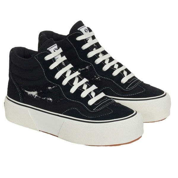 Superga Womens 3141 Revolley Swallowtail Ripped Mid Cut Trainers - Black/White Avorio