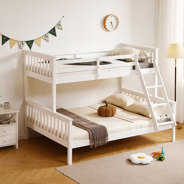 Mission TM Hannah White Single Over Double Bunk Bed, Solid Pine Frame with Guardrails, Sleeps Three