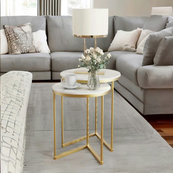 Rafaelo Mobilia Set Of 2 Round Nesting Tables With Triangular Base Gold