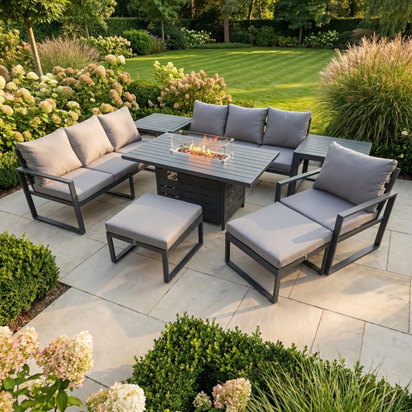 Fimous 9 Seater Aluminium Garden Furniture Set with Gas Fire Pit Dining Table, 2 Sofas, 2 Side Tables, 2 Footstools & 1 Chair - Dark Grey