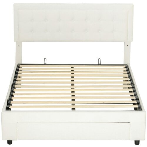 HOMCOM Double Bed Frame with Storage and Adjustable Velvet Headboard, Cream - Cream - 193.5 - Yes