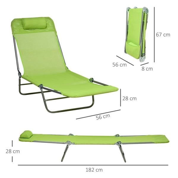 Green reclining sun lounger set with steel frame and padded headrest; size diagram