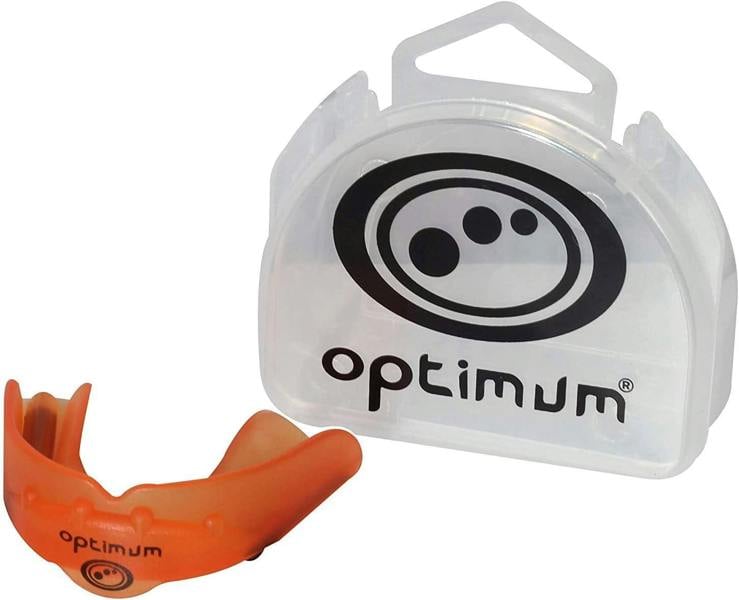 Orange Optimum Matrix mouthguard beside clear plastic carry case with black logo, on white - Optimum