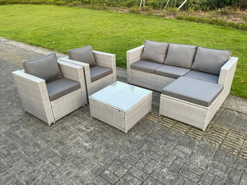 Fimous 6 Seater PE Wicker Light Grey Rattan Sofa Set Garden Furniture Chairs Footstool Conservatory Patio Furniture