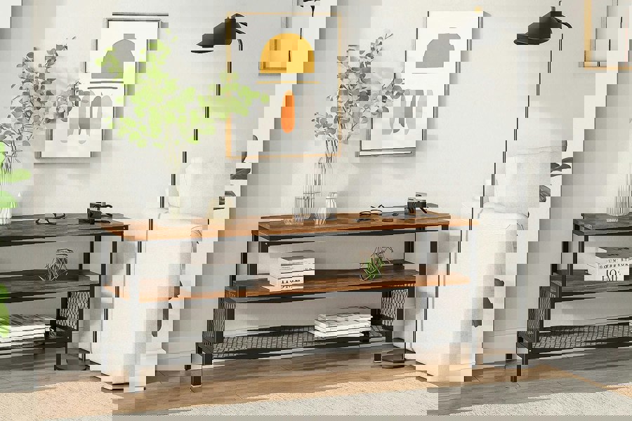 Wooden TV stand with shelves in a living room setting
