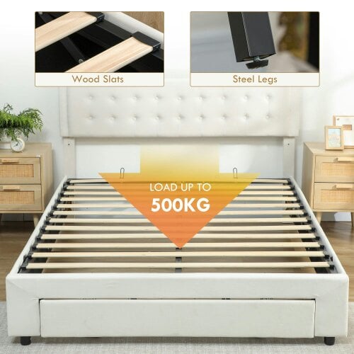 Wyld Haus Zina 5FT King Size Ottoman Bed Frame with Front Divan Drawer Storage Cream