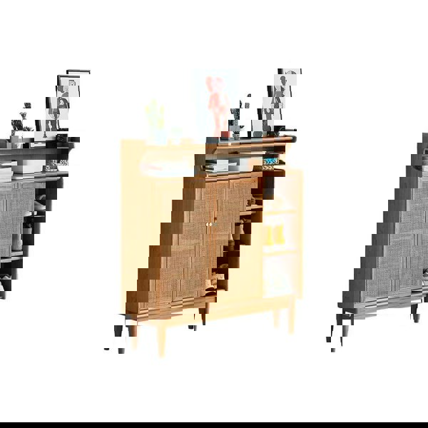 Detail view of Pavia Shoe Storage, Rattan & Oak with radiator cover with shoe storage