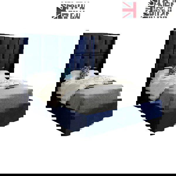 Casa Magna Quanta Straight Winged Upholstered Soft Velvet Bed Frame - Blue