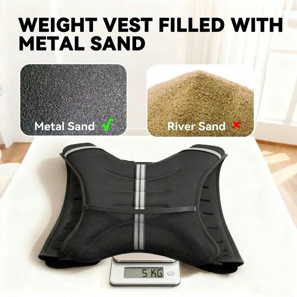Black weighted vest with central pocket and reflective stripes, laid flat