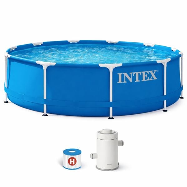 Intex 10FT Metal Frame Swimming Pool With Filter Pump and Solar Cover