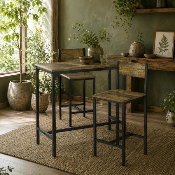 Wyld Haus Torakeno 3 Piece Industrial Bar Table And 2 Stool Set For Compact Spaces