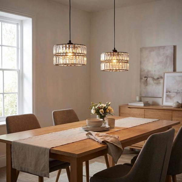Chic Double Tier Black Pendant Light Shade with Rows of Acrylic Prisms Image 6