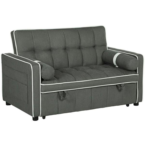 Two-seater linen-look sofa bed in charcoal grey, tufted cushions and piped trim