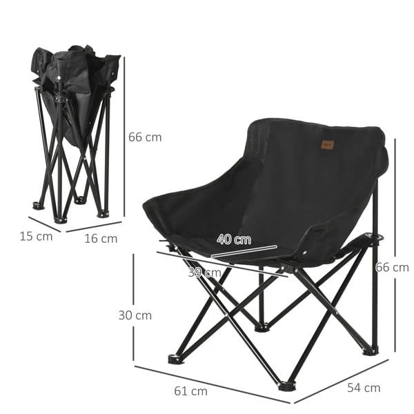 Black folding camping chair with measurements and compact foldable frame, storage-ready design
