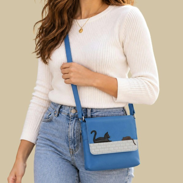 Mala Leather Cat & Mouse Small Crossbody Bag – Genuine Leather - Blue