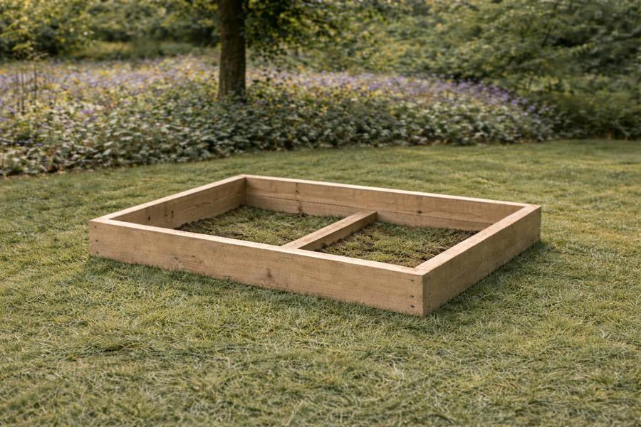 15cm high wooden raised bed frame empty on lawn with support bar visible