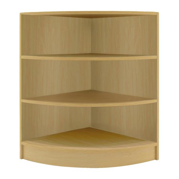 Curved maple corner display shelf with three spacious, smooth shelves, ideal for showcasing products in retail environments