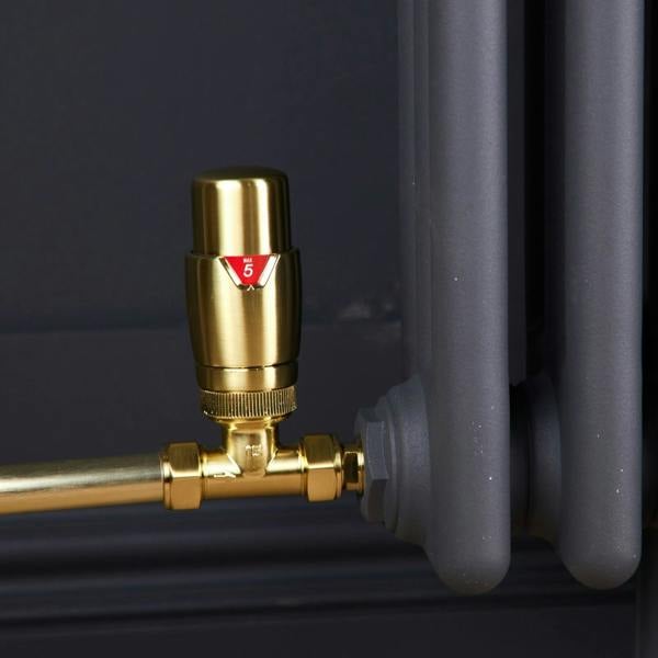 Flode Straight Thermostatic Radiator Valve Pack | 15mm x 1/2" | Brushed Brass