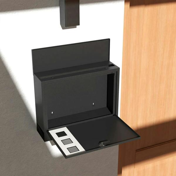 Wall-mounted black mailbox shown open with letter slot and viewing windows