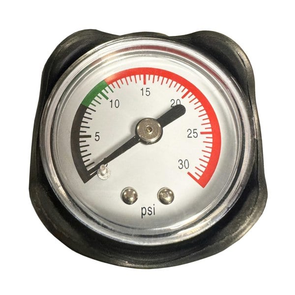 A closeup of the OLPRO 2 Litre manual hand pump gauge on a white background.