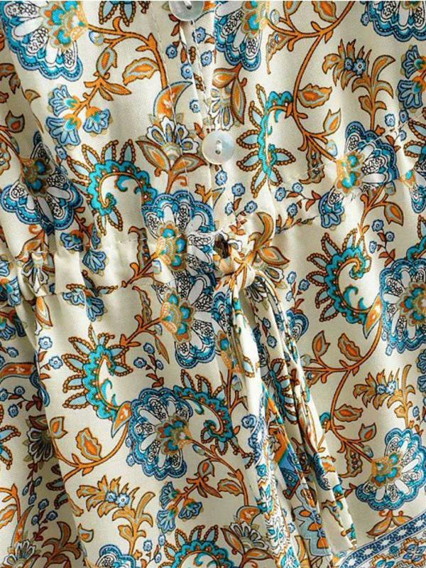 FS Collection Playsuit With Drawstring Detail In Blue Mixed Print
