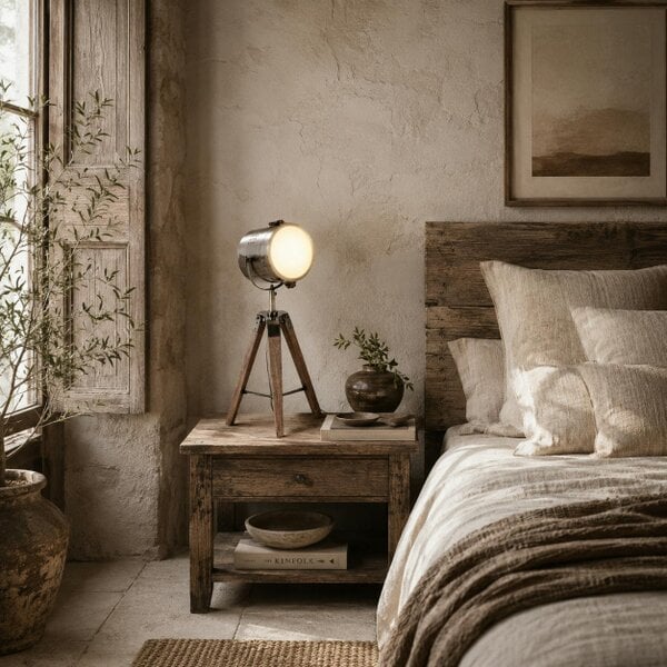 Wyld Haus Vidira Wood And Metal Brass Vintage Tripod Table Lamp With Spotlight Head