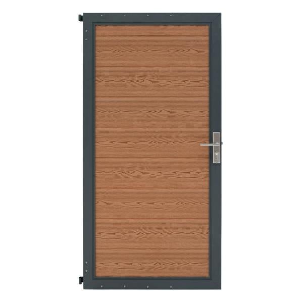 Brown composite panel gate with a wood grain texture, framed in a sleek black metal border, featuring a modern handle design