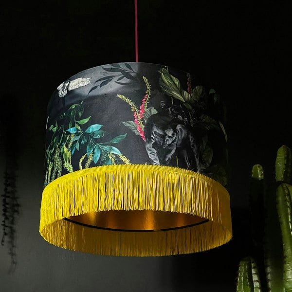 Handmade Fringed Velvet Lampshade with Gold Lining in Carbon Black and Sunshine Yellow Fringing