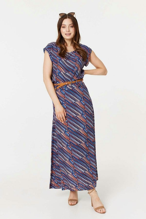 Navy | Printed Belt Detail Maxi Skirt