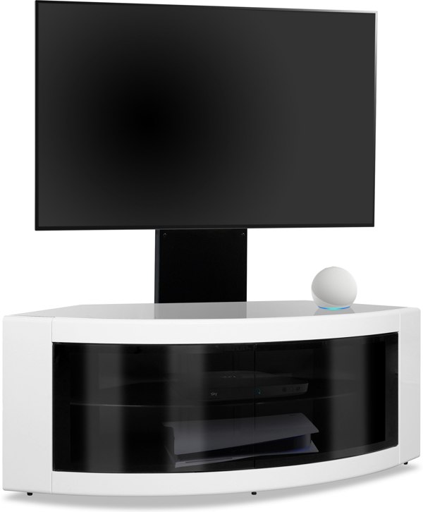 Centurion Supports PANGEA Black/White Beam-Thru Curved True-Corner 32"-50" TV Cabinet with Mounting Arm