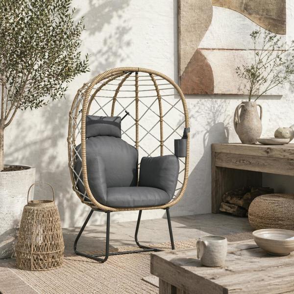 Wyld Haus Nepa Rattan Brown and Grey Outdoor Garden Egg Chair With Cushions And Cup Holder