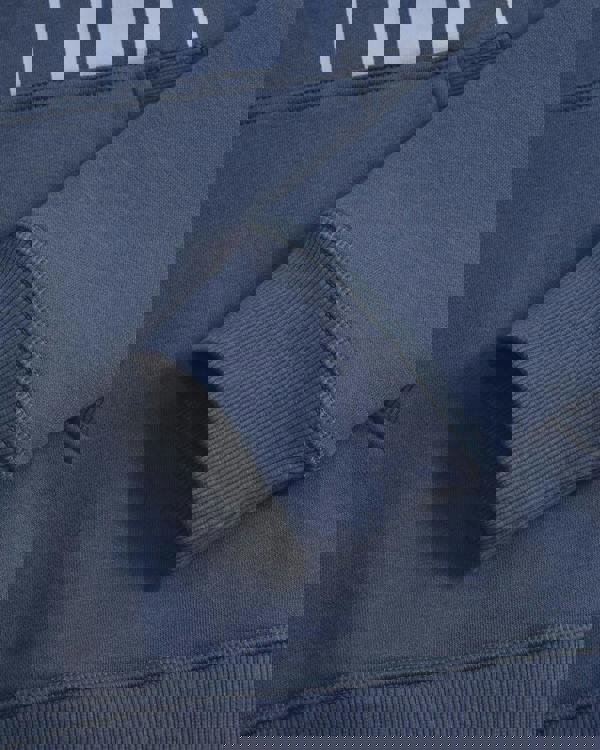 Lambretta Stripe Mens Pull Over Sweatshirt Hooded Hoodie, close-up of the fabric and cuff detail showing navy blue color with ribbed cuffs and striped pattern on the hoodie.