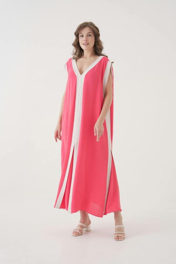 Hoxton Gal Oversized Sleeveless V-Neck Colorblock Maxi Dress in Pink and White
