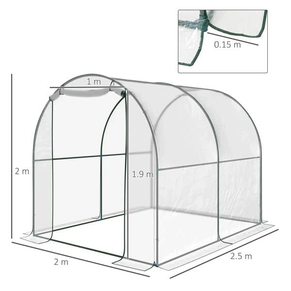 Walk-in greenhouse polytunnel with clear cover panels, roll-up door frame, and steel base