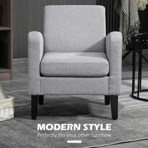 Light grey linen-look armchair with curved backrest and padded armrests