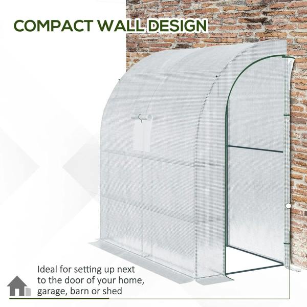White compact wall greenhouse tunnel with arched mesh cover, roll-up door, and metal legs