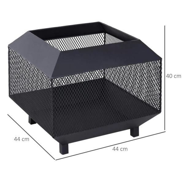 Black square mesh fire pit with open top and sturdy legs