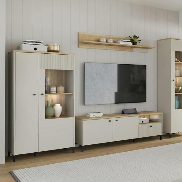 Furniture To Go Bixbite Display Cabinet with Fluted Detail, Doors & Open Shelving in Mauvella Oak and Sand