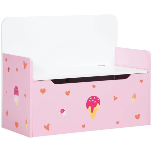 Pink 2-in-1 kids storage bench and toy box with hinged lid and safety rod
