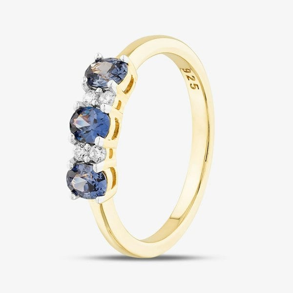 T. H. Baker Silver Gold Plated Three Stone Blue Tanzanite & Cubic Zirconia Ring S2227Y
