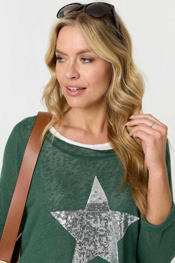 Green | Sequin Star Front Relaxed Layered Top