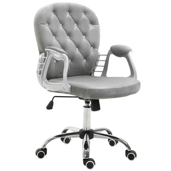 Grey velvet swivel office chair with tufted back, padded seat, armrests, and rolling wheels